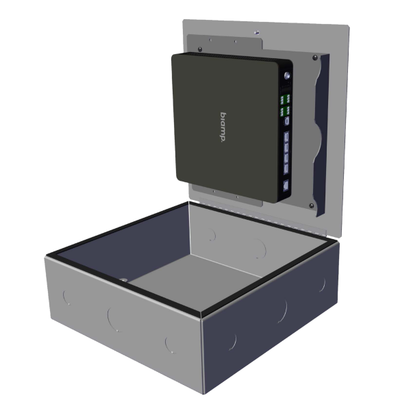 Biamp Plenum Box 12 x 12 12-inch x 12-inch, fire-resistant enclosure used to install a variety of Biamp devices in plenum spaces. It is UL2043 compliant and meets Chicago Building Code Chapter 14E-3 requirements.