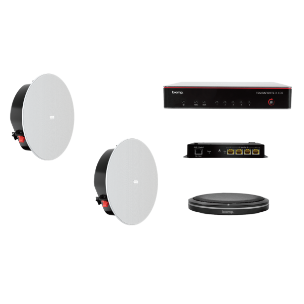 Biamp MRB-M-X400-T-CIC6LP Certified medium meeting room bundle with TesiraFORTÉ X 400, Parlé TTM-X black tabletop microphone, and white Desono CIC6LP low-profile ceiling loudspeakers (pair)
