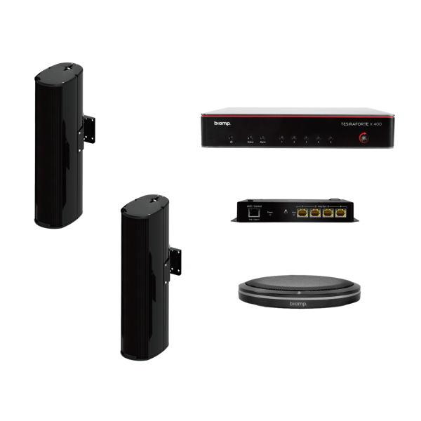 Biamp MRB-M-X400-T-ENT206 Certified medium meeting room bundle with TesiraFORTÉ X 400, Parlé TTM-X black tabletop microphone, and black Desono ENT206 column loudspeakers (pair)