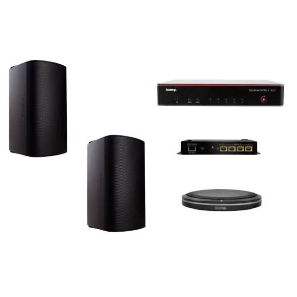 Biamp MRB-M-X400-T-EXS8 Certified medium meeting room bundle with TesiraFORTÉ X 400, Parlé TTM-X black tabletop microphone, and black Desono EXS8 surface-mount loudspeakers (pair)