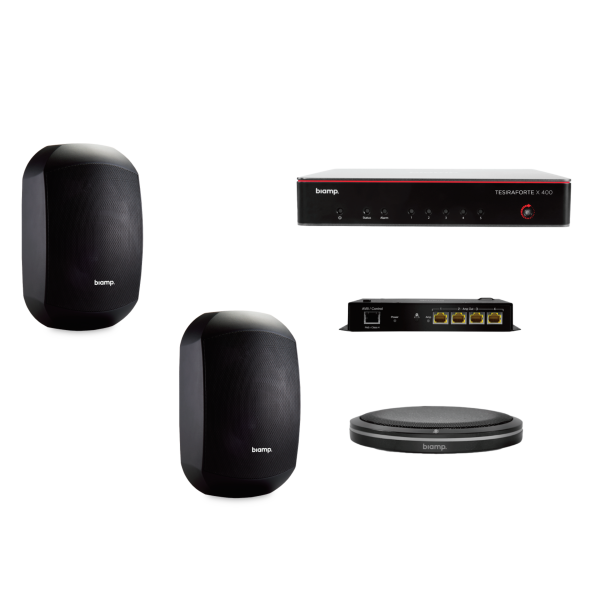 Biamp MRB-M-X400-T-MASK6C Certified medium meeting room bundle with TesiraFORTÉ X 400, Parlé TTM-X black tabletop microphone, and black Desono MASK6C surface-mount loudspeakers (pair)