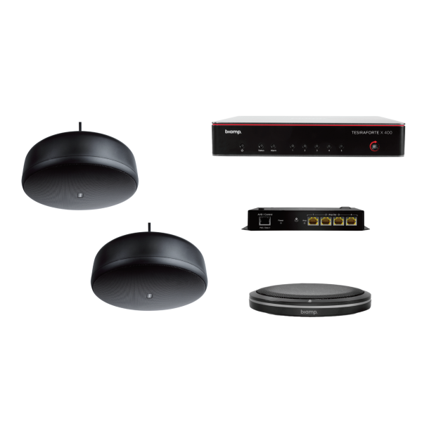 Biamp MRB-M-X400-T-P6SM Certified medium meeting room bundle with TesiraFORTÉ X 400, Parlé TTM-X black tabletop microphone, and black Desono P6-SM pendant loudspeakers (pair)