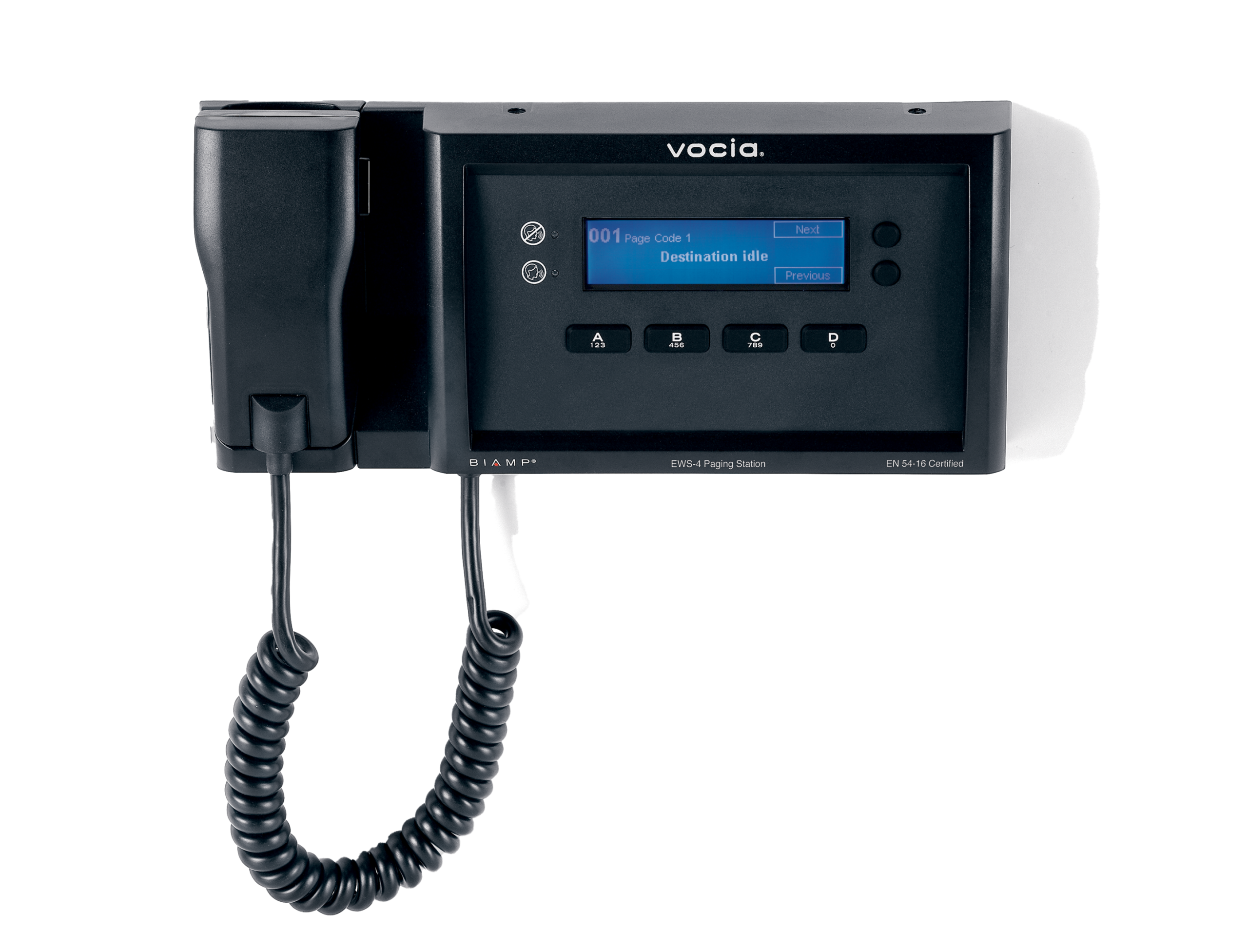 EWS-4_front_transparent-background_October-16-2024_12165_master Biamp Vocia EWS-4 Vocia emergency wall-mount paging station, 4 button with hand-held microphone (EN 54-16 certified) - Image 1