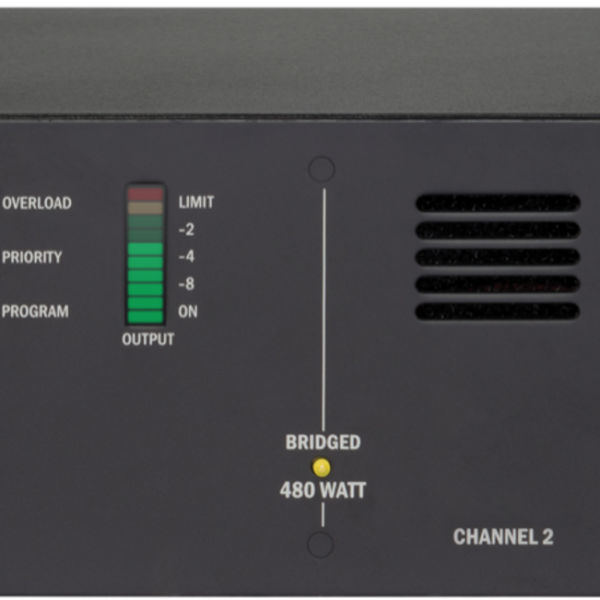 Biamp Commercial Audio PA2240BP 2-channel, 100V power amplifier, 2 x 240W bridgeable into 1 x 480W with program and priority input per channel, 24V priority output, tone control, 230V AC - 24V DC