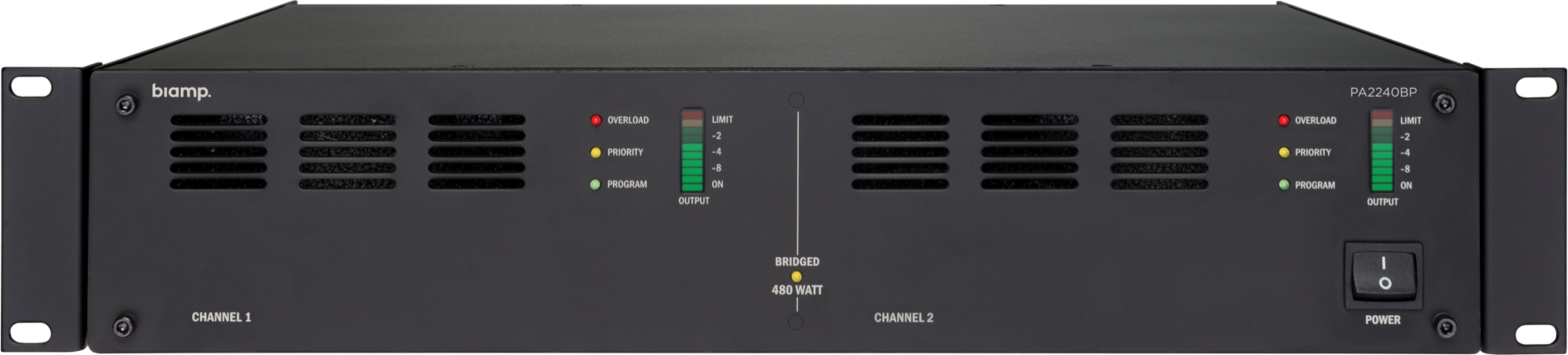 PA2240BP_Front_13226_master Biamp Commercial Audio PA2240BP 2-channel, 100V power amplifier, 2 x 240W bridgeable into 1 x 480W with program and priority input per channel, 24V priority output, tone control, 230V AC - 24V DC - Image 1