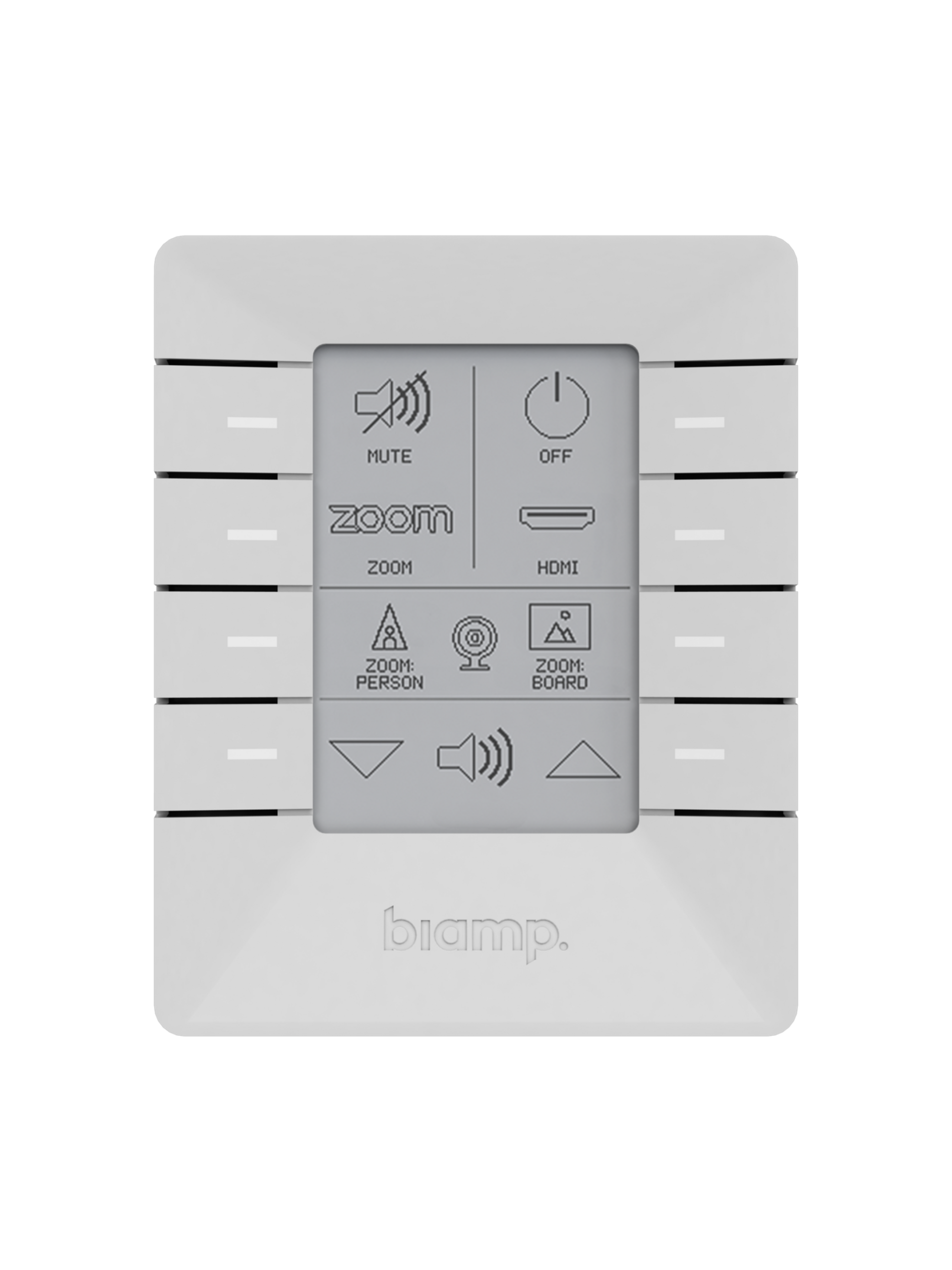 Uniform_Front_Render_10552_master Biamp Impera Uniform 8U 8-button, E Ink control pad with Ethernet, 1 bidirectional RS-232 port, 2 unidirectional RS-232 ports, 3 GPIO; PoE (IEEE 802.3at Class 1, 4W) - obrazek 1