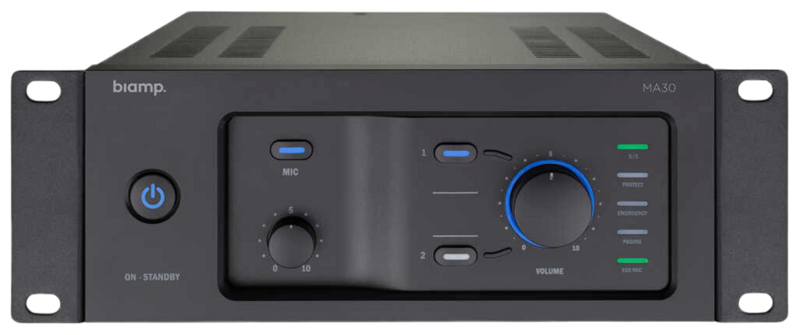 apart-ma30-front-feet-cropped-1201x601_12250_master Biamp Commercial Audio MA30 9.5-inch mixing amplifier 30W, 70/100V, with 1 mic/line input, 2 stereo line inputs, left to right 4 level priority system, emergency in, paging mic with chime, and 24V override output - Image 1