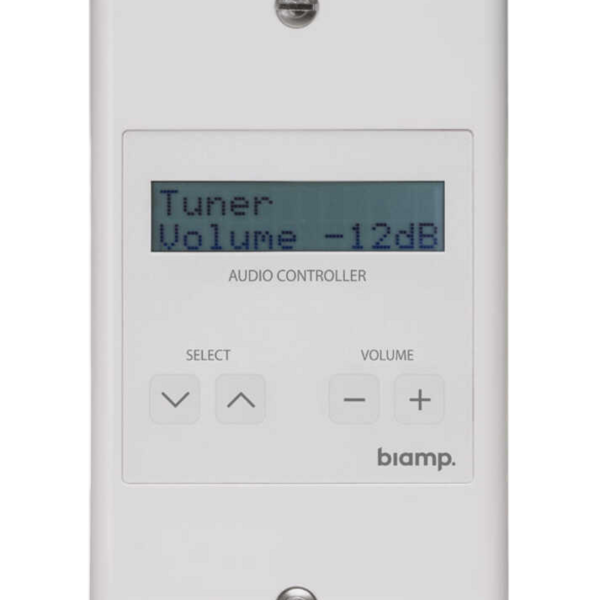 Biamp Commercial Audio D-DIWAC Digital decora style wall control with 2-line LCD display, buttons for source selection and volume control, standard 2-wire connection