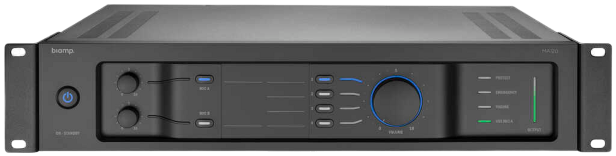 biamp_ma120_amplifier_front_apr22_12246_master Biamp Commercial Audio MA120 19-inch mixing amplifier; 120W or 70/100V, 2 mic/line input, 4 stereo line inputs, left-to-right 4-level priority system, emergency in, paging mic with chime, 24V override output - Image 1