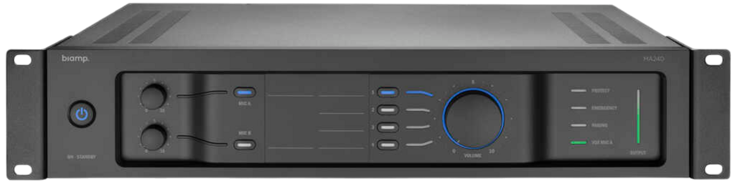 biamp_ma240_amplifier_front_apr22_12248_master Biamp Commercial Audio MA240 19-inch mixing amplifier; 70-100 volt/240 watts, 2 mic/line, 4 stereo line inputs, left-to-right 4 level priority system, emergency in, paging mic with chime, 24V priority output - Image 1