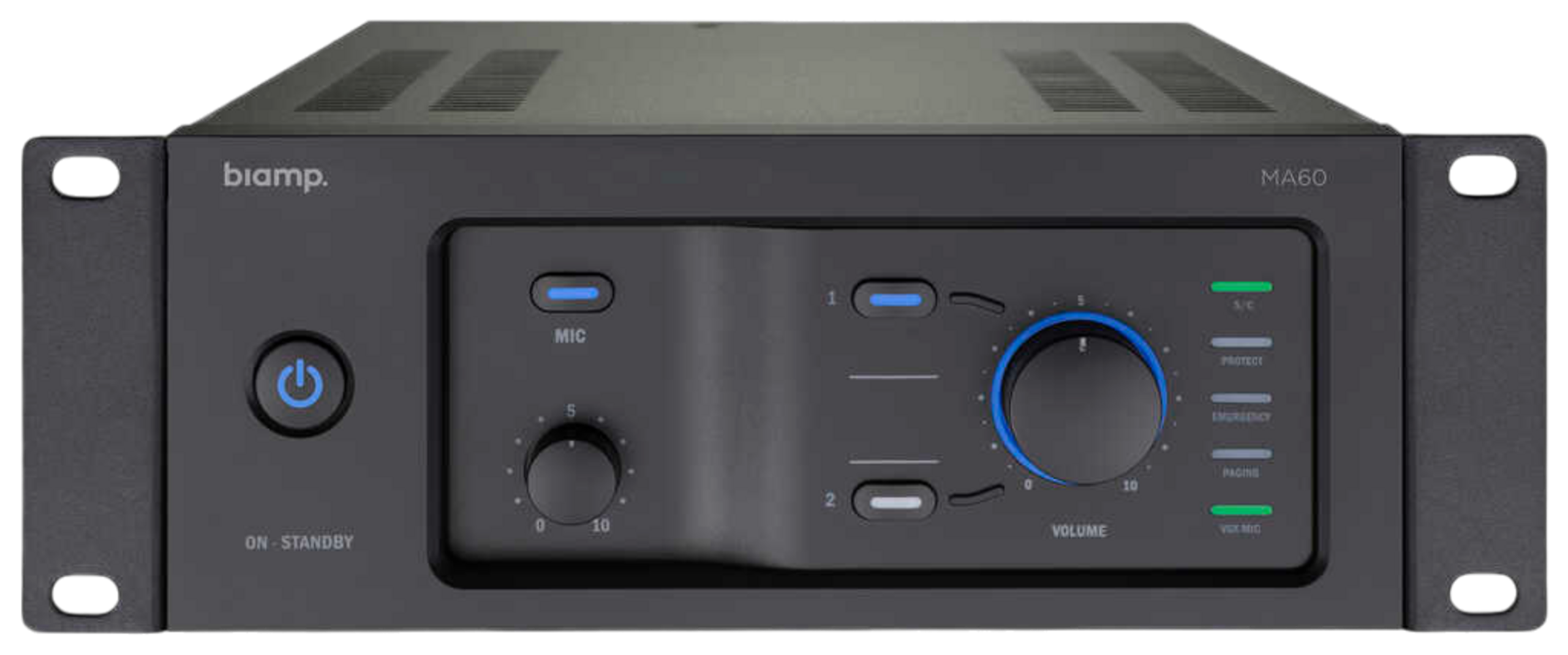 biamp_ma60_amplifier_front_apr22_1816_preview-Photoroom_12252_master Biamp Commercial Audio MA60 9.5-inch mixing amplifier; 60W or 70/100V, 1 mic/line input, 2 stereo line inputs, left-to-right 4 level priority system, emergency in, paging mic with chime, 24V override output - Image 1