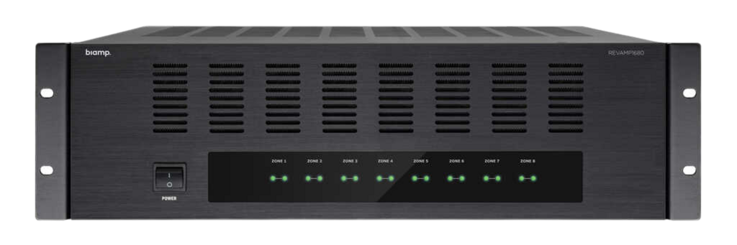 biamp_revamp1680_amplifier_apr22_1826_preview-Photoroom_12187_master Biamp Commercial Audio REVAMP1680 16-channel class D amplifier, 16 x 80W (RMS @ 4 ohms), 16 x 100W (Dynamic @ 4 ohms) or in bridge mode 8 x 160W (RMS @ 8 Ohms), convection cooled, 3 U, 19-inch rackmount. - Image 1