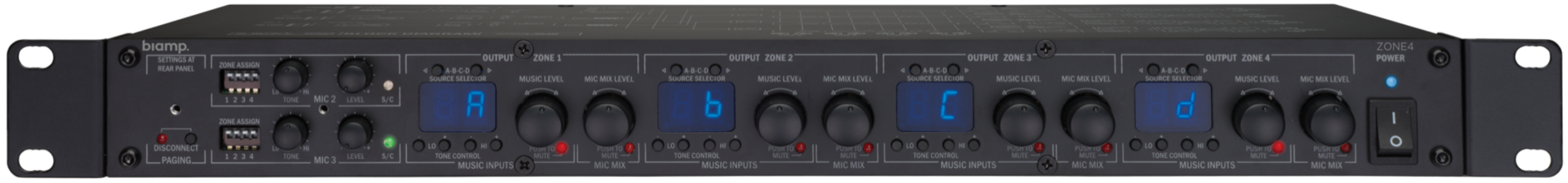 biamp_zone4_preamplifier_front_view_aug23_10943_master Biamp Commercial Audio ZONE4 Quad-zone preamplifier; 4 stereo output zones; 3 mono mic/line + 4 stereo line inputs - obrazek 1