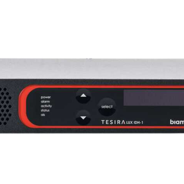 Biamp TesiraLUX IDH-1 AVB video encoder; includes one HDMI 2.0 port and one DisplayPort 1.2 port; accepts 8 channels of embedded PCM audio and includes 2 mic/line level analog inputs
