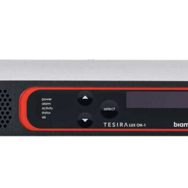 Biamp TesiraLUX OH-1 AVB video decoder; includes one HDMI 2.0 port; 8 channels of embedded PCM audio and includes 2 mic/line level analog outputs